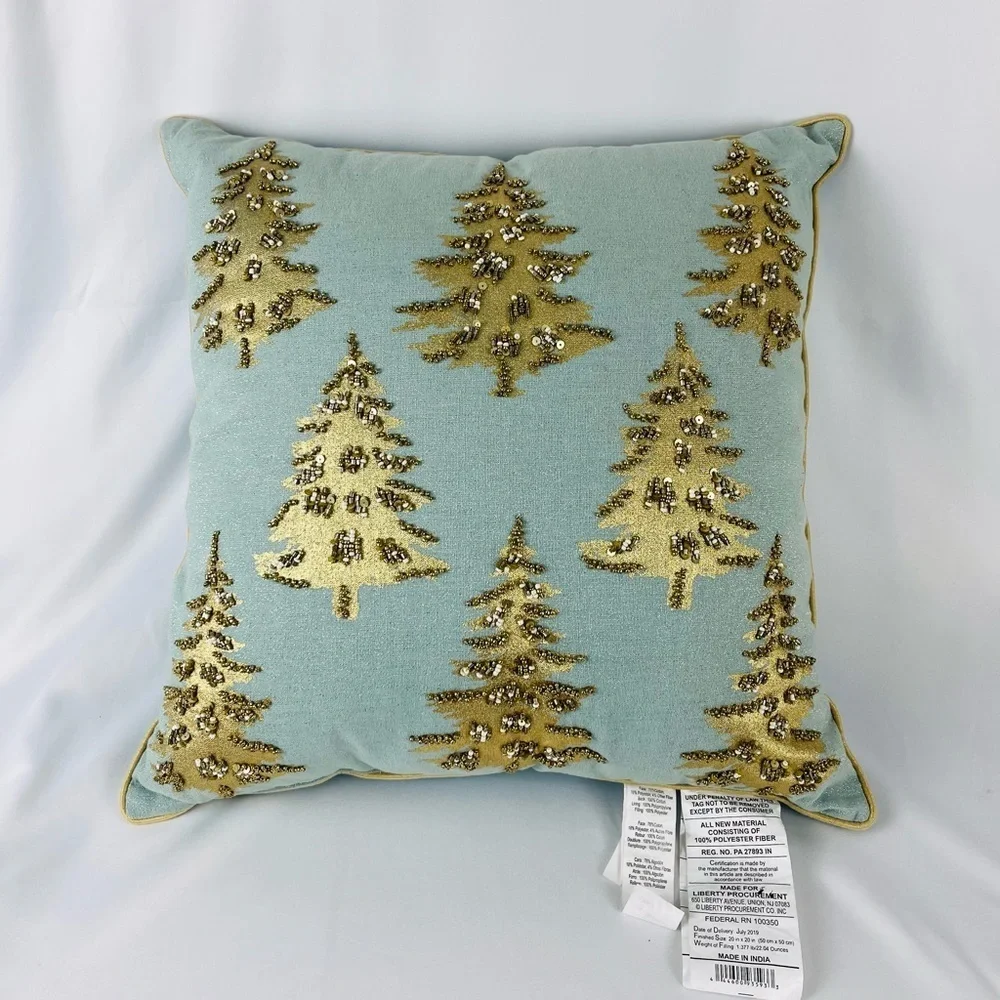Liberty Beaded Christmas Holiday Tree Accent Throw Pillow Teal Gold Bronze